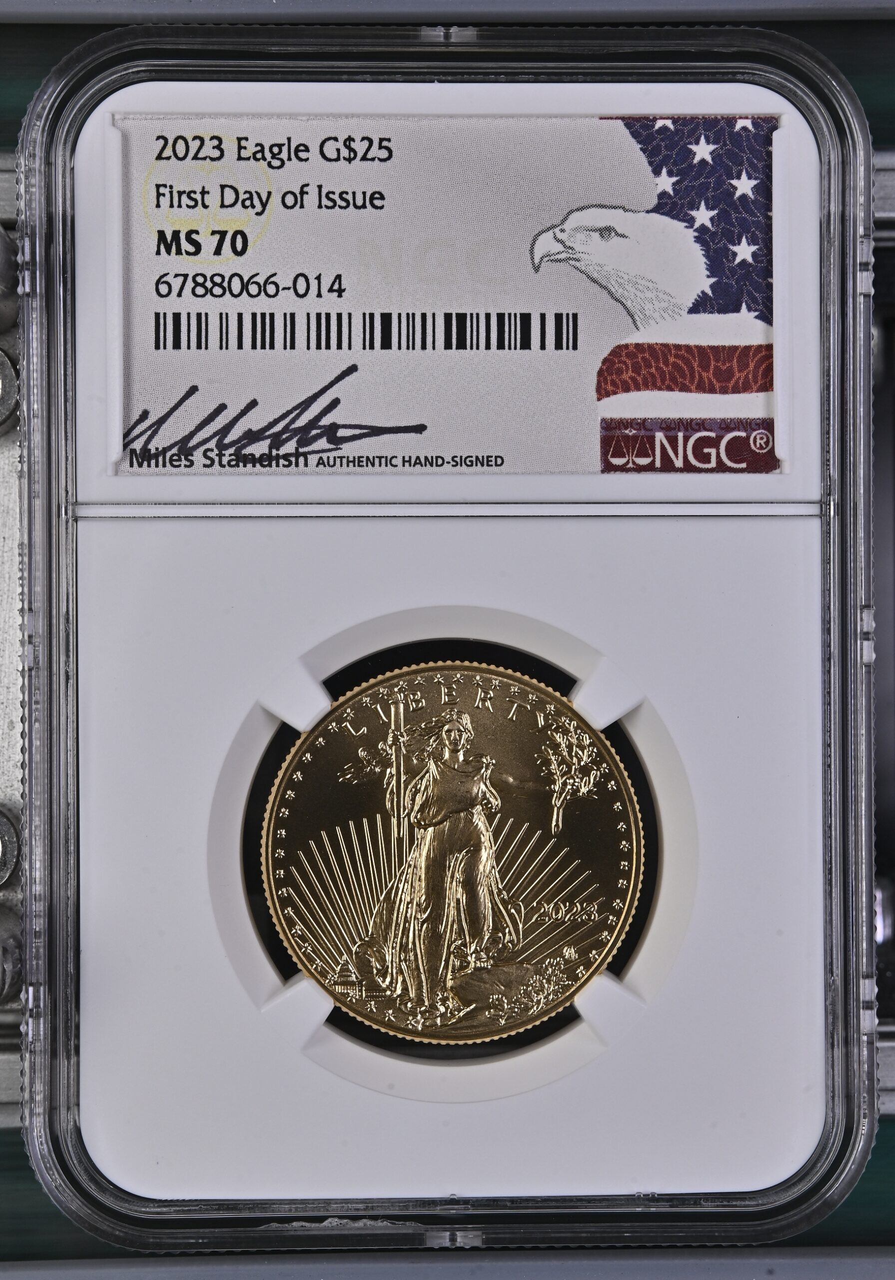 2023 1/2 oz American Gold Eagle NGC MS70 FDOI Miles Standish Hand Signed Label